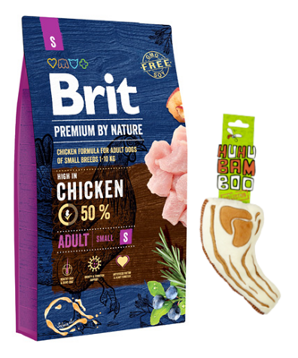 Brit Premium By Nature Adult S avec Poulet 8kg + HUHUBAMBOO Steak jouet pour chien 24cm