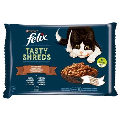 FELIX Tasty Shreds nourriture humide pour chat avec canard et dinde en sauce 4x80g