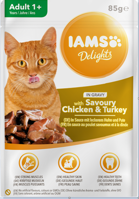 IAMS-Aliment naturel pour chat adulte, au poulet aromatique et à la dinde en sauce 85g