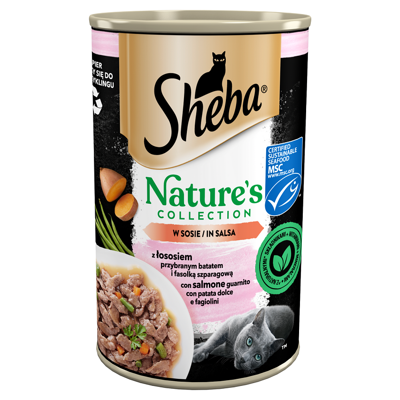 SHEBA boîte de 400 g Nature's Collection - aliment complet humide pour chats adultes, avec du saumon garni d'igname et de haricots verts, en sauce